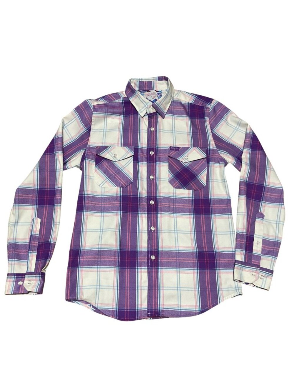 Retro Rifle Size S Plaid Shirt Purple & White T-Rex Prehistoric Flip Cuffs Mens